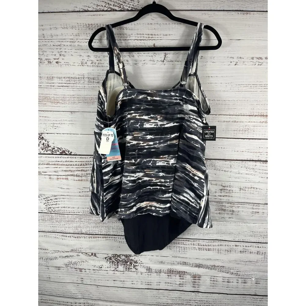 Swim Solutions Size 22W Triple Tier Coastal Plates Black Tummy Control One-Piece - Picture 4 of 12